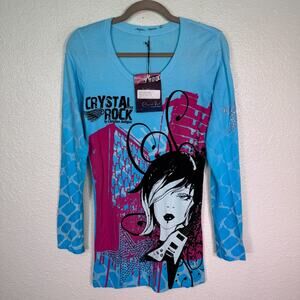 Christian Audigier Crystal Rock Y2K Shirt Women Large Rocker Girl Tee Tunic Top
